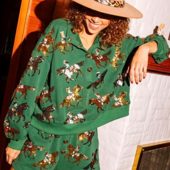 QUEEN OF SPARKLES Tops - Queen of Sparkles Horse Riders Henley Sweatshirt Pullover Sequin Horseshoe Green